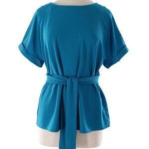 Dana Buchman Large Short Sleeve Tie Waist  Teal Textured Blouse